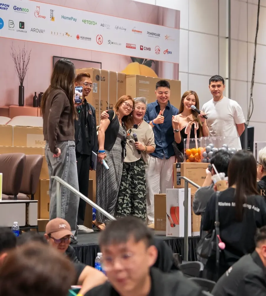 Prize stage with sponsor brands and appliances